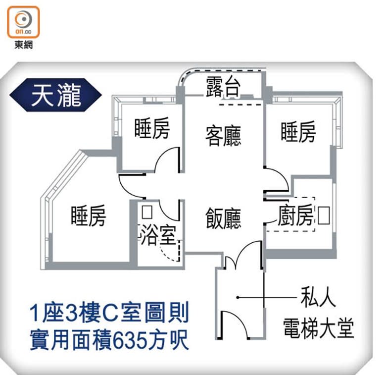 天瀧1座3樓C室圖則<br>實用面積635方呎