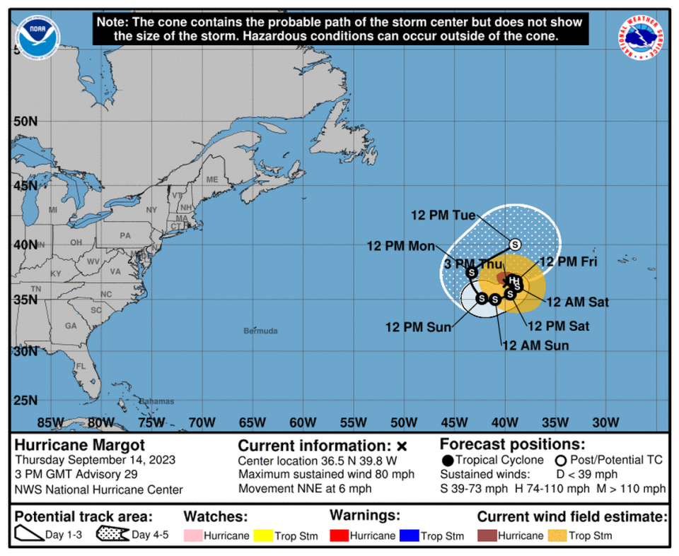Hurricane Margot strengthened a bit Thursday morning but forecasters said the system will likely weaken to a tropical storm in the next few days.