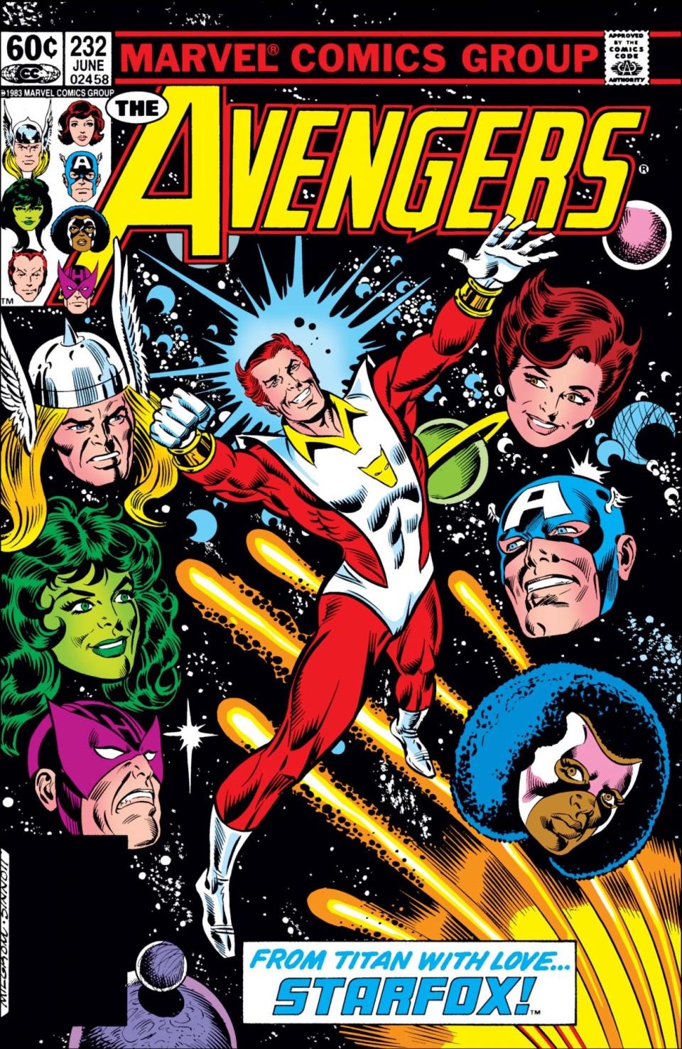The cover for Avengers #232 by Al Milgrom and Joe Sinnott shows Eros a man in a white and red super suit flying through space surrounded by the heads of the avengers including Captain America, She Hulk, Thor
