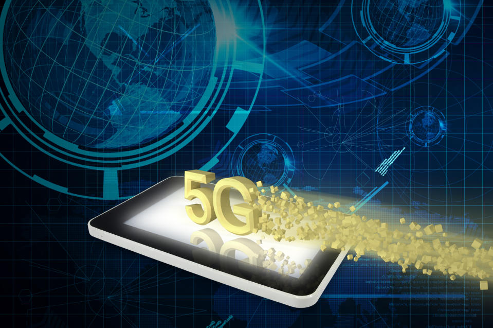 Rendering of "5G" suspended over a mobile device, with a globe in the background