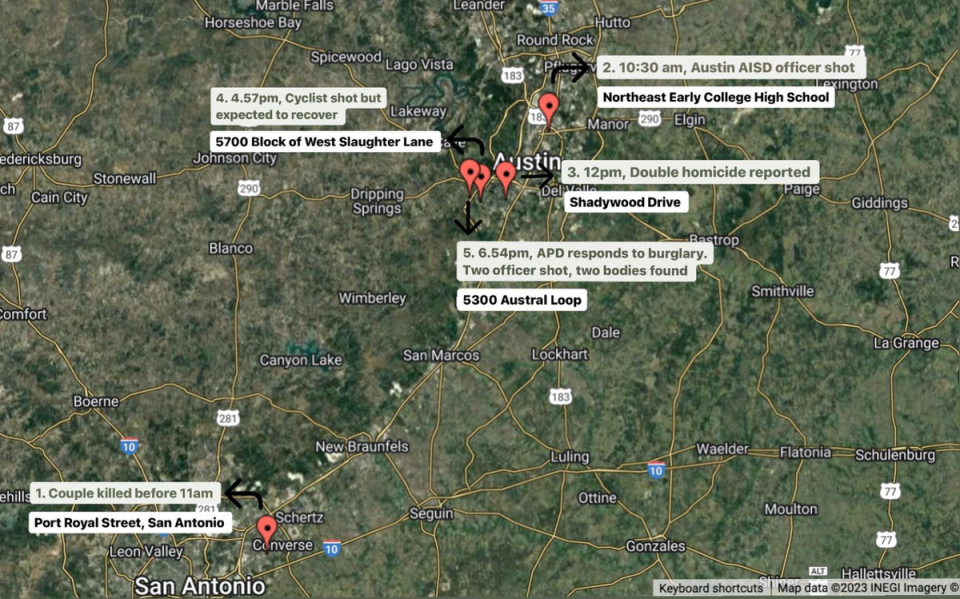 A map of the attacks in San Antonio and Austin on Tuesday (ZeeMap/Comp)