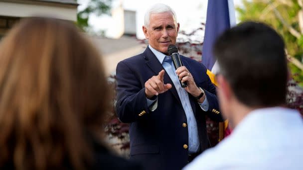 PHOTO: Former Vice President Mike Pence speaks to local residents during a meet and greet, May 23, 2023, in Des Moines, Iowa. (Charlie Neibergall/AP, FILE)