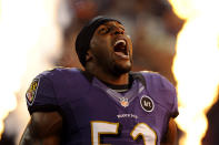 BALTIMORE, MD - SEPTEMBER 23: Ray Lewis #52 of the Baltimore Ravens takes the field during player introductions against the New England Patriots at M&T Bank Stadium on September 23, 2012 in Baltimore, Maryland. (Photo by Patrick Smith/Getty Images)