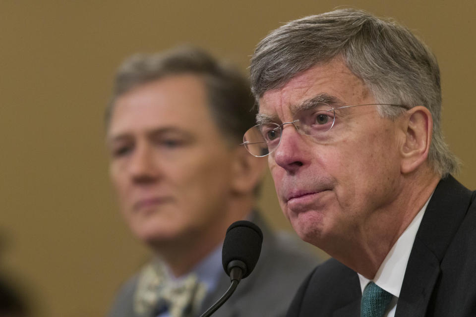 Career Foreign Service officer George Kent, left, and top U.S. diplomat in Ukraine William Taylor testify during an impeachment hearing of the House Intelligence Committee on Capitol Hill, Wednesday Nov. 13, 2019 in Washington. (AP Photo/Alex Brandon)