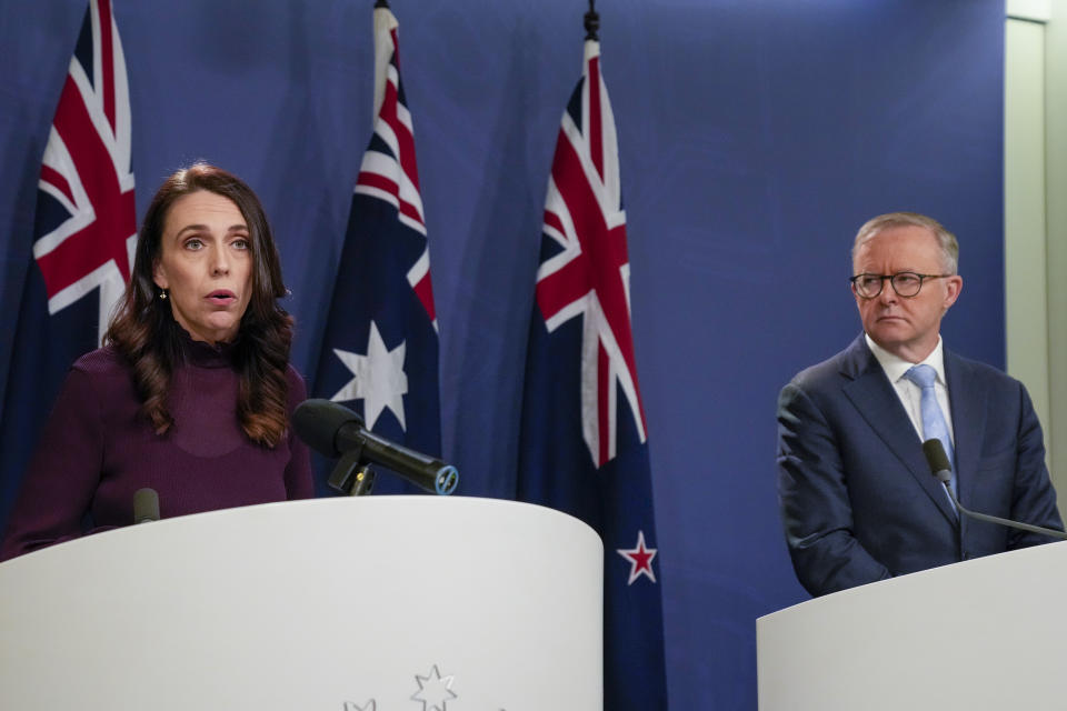 New Zealand Prime Minister Jacinda Ardern, left, and Australian Prime Minister Anthony Albanese hold a joint press conference in Sydney, Australia, Friday, June 10, 2022. Ardern is on a two-day visit to Australia. (AP Photo/Mark Baker)