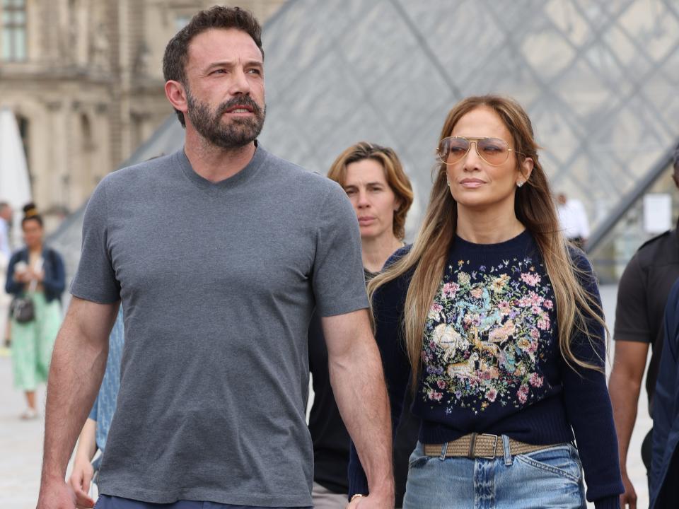 Jennifer Lopez and Ben Affleck at the Louvre Museum during their honeymoon in Paris, France.