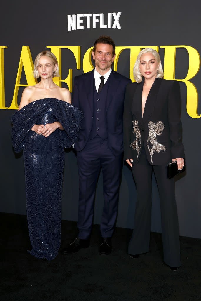 LOS ANGELES, CALIFORNIA - DECEMBER 12: (L-R) Carey Mulligan, Bradley Cooper, and Lady Gaga attend Netflix's "Maestro" Los Angeles photo call at Academy Museum of Motion Pictures on December 12, 2023 in Los Angeles, California. (Photo by Tommaso Boddi/Getty Images)