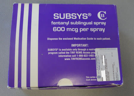 FILE PHOTO: A box of the Fentanyl-based drug Subsys, made by Insys Therapeutics Inc, is seen in an undated photograph provided by the U.S. Attorney's Office for the Southern District of Alabama. U.S. Attorney's Office for the Southern District of Alabama/Handout via REUTERS