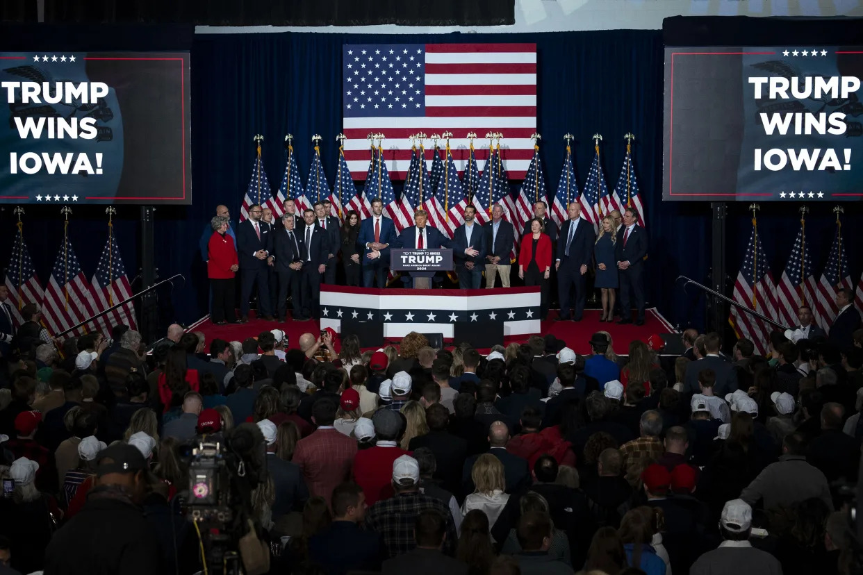 Donald Trump speaks at his caucus watch party in Des Moines, Iowa, on Monday, Jan. 15, 2024. (Haiyun Jiang/The New York Times)