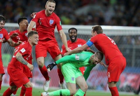  Kieran Trippier of England Eric Dier of England Jordan Pickford of EnglandHarry Kane of England celebrates the victory during the 2018 FIFA World Cup Russia Round of 16 match between Colombia and England at Spartak Stadium on July 3, 2018 in Moscow, Russia - Credit: corbis sport