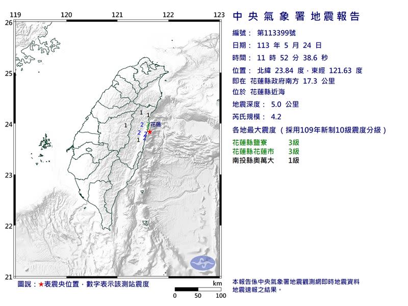 11：52花蓮近海發生規模4.2地震。（圖／氣象署）