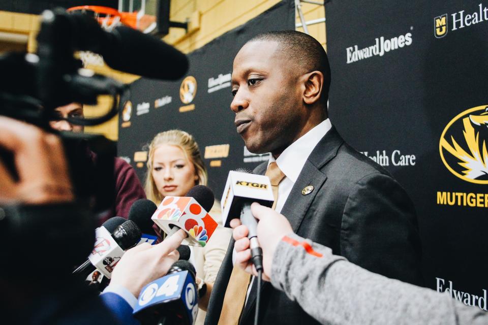 Dennis Gates speaks to the media after being introduced as the 20th Missouri men's basketball coach Tuesday at the Albrecht Family Practice Facility inside Mizzou Arena.