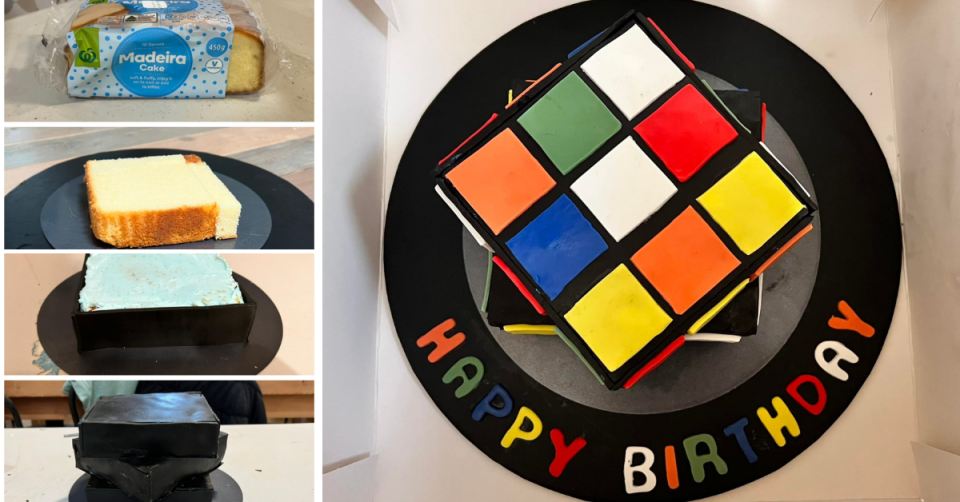 Step-by-step pictures of a Rubik's cube cake made out of pre-bought cake, showing the plain cake in its packaging; a close up of a thick slice; a slice wrapped in black fondant and a top view of the finished brightly coloured cake with the words happy birthday.