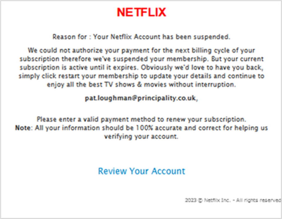 圖／Check Point曾發現冒充Netflix的惡意網路釣魚電子郵件，這封看似來自「Netflix」的電子郵件，實際上來自一個冒充的Webmail地址。