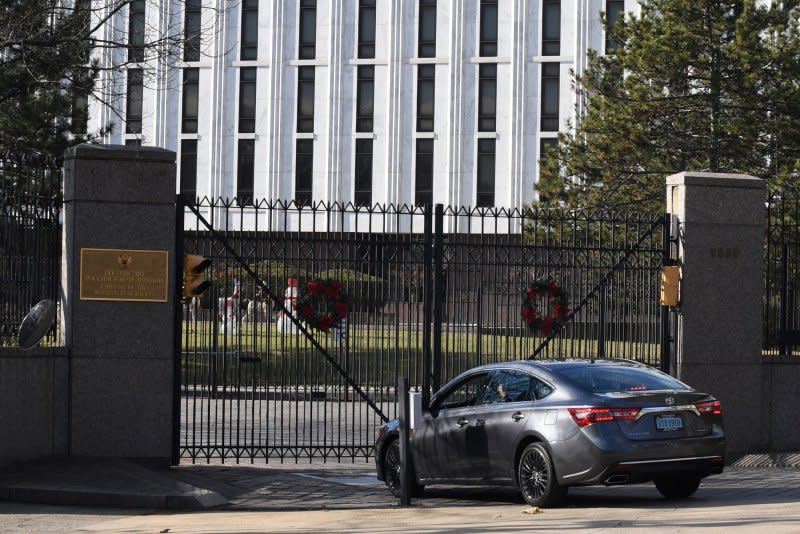 A car enters the Russian Embassy in northwest Washington, D.C., on December 30, 2016. U.S. President Barack Obama imposed sanctions and expelled 35 Russian diplomats on December 29, 2016. File Photo by Pat Benic/UPI