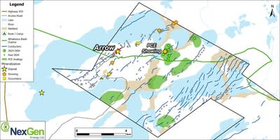 Figure 5: PCE and analogs, based on geological and geophysical similarities, shown as green shapes (CNW Group/NexGen Energy Ltd.)