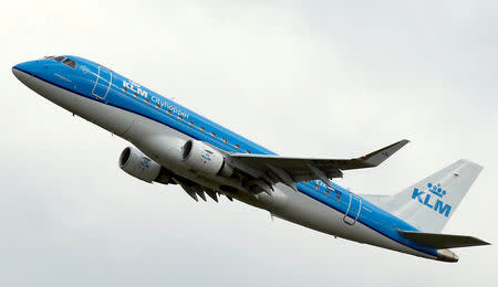 FILE PHOTO: A KLM commercial passenger jet takes off in Colomiers near Toulouse, France, October 19, 2017. REUTERS/Regis Duvignau/File Photo