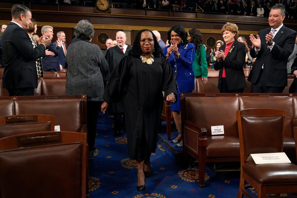 Supreme Court Justice Ketanji Brown Jackson arrives before President Joe Biden delivers the State of the Union address to a joint session of Congress at the Capitol.