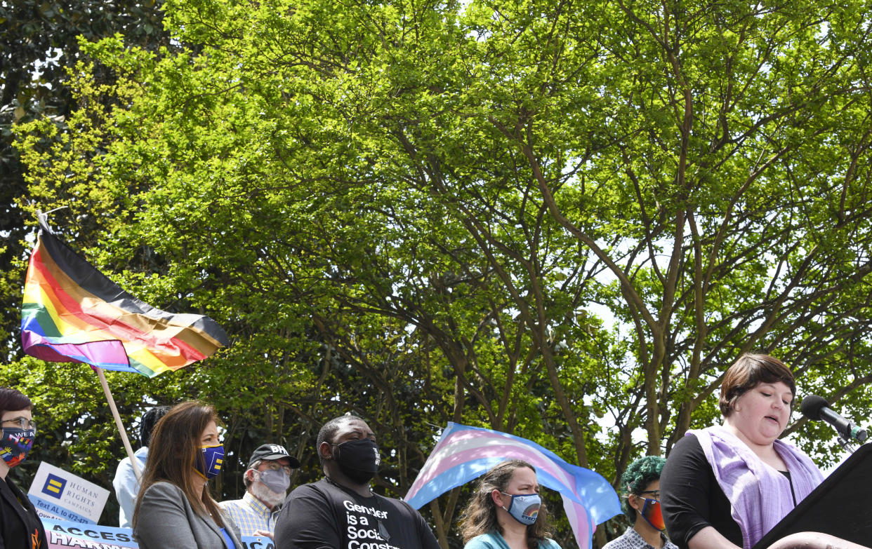 MONTGOMERY, AL - MARCH 30: Trace Trice, the parent of a transgender child, speaks during a rally at the Alabama State House to draw attention to anti-transgender legislation introduced in Alabama on March 30, 2021 in Montgomery, Alabama. There are so far 192 anti-LGBTQ bills under consideration in state legislatures across the United States. Of those, 93 directly target transgender people. (Photo by Julie Bennett/Getty Images)