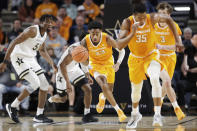 Tennessee guard Jordan Bowden (23) brings the ball up against Vanderbilt during the first half of an NCAA college basketball game Saturday, Jan. 18, 2020, in Nashville, Tenn. (AP Photo/Mark Humphrey)