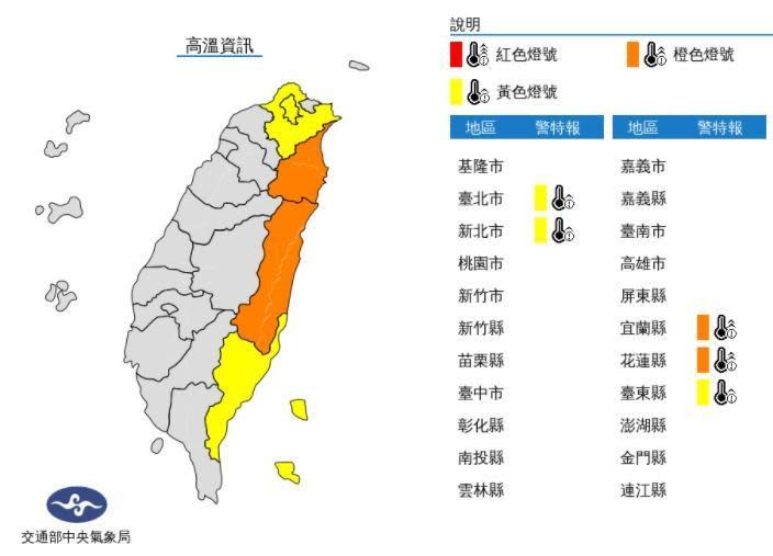 中央氣象局今日上午6時許針對5縣市發布高溫警報。（翻攝自中央氣象局官網）