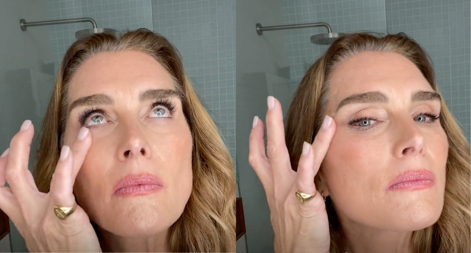 Brooke Shields Split Screen Bathroom Resurrection Radiance Eye Cream with True Botanicals' (Photo Credit: True Botanicals)