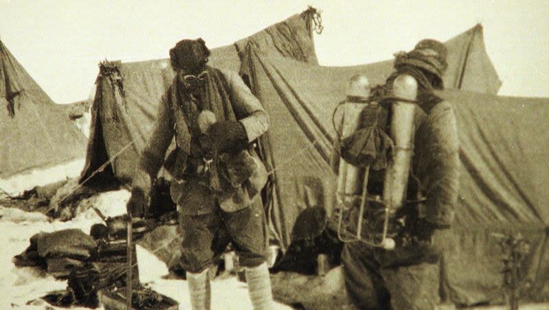 British mountaineers George Mallory and Andrew Irvine are seen at the base camp in Nepal as they get ready to climb the peak of Mount Everest in June 1924. It is the last image of the men before they disappeared in the mountain. George Mallory’s final letter to his wife before he vanished on Mount Everest a century ago tried to ease her worries, though he said his chances of reaching the world’s highest peak were “50 to 1 against us.”