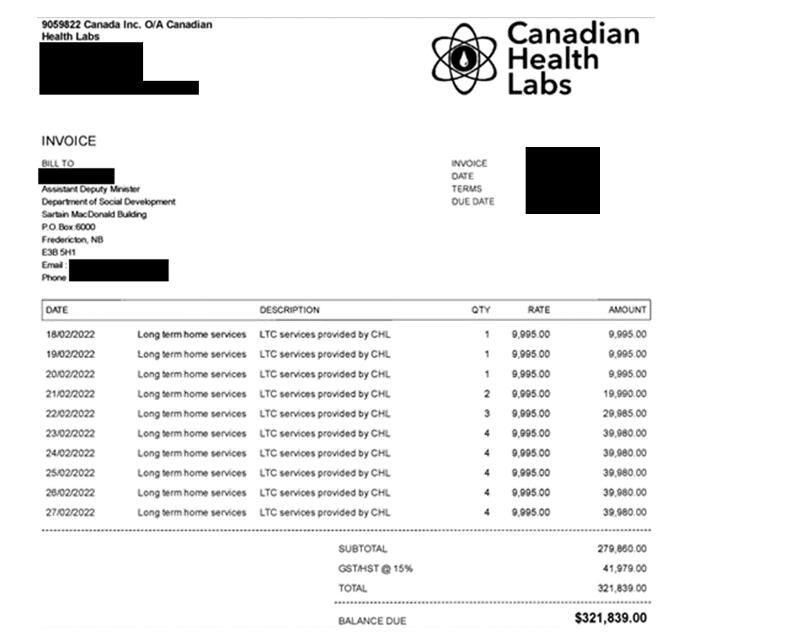 Martin's report on the travel nurse contracts used this example of a CHL invoice, which he said in his report 'does not include staff names, locations or dates of work.'