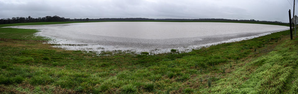 What looks like a small lake off Swancott Road in Limestone County is just a flooded field Friday, Feb. 22, 2019, in Decatur, Ala. (Jeronimo Nisa/The Decatur Daily via AP)