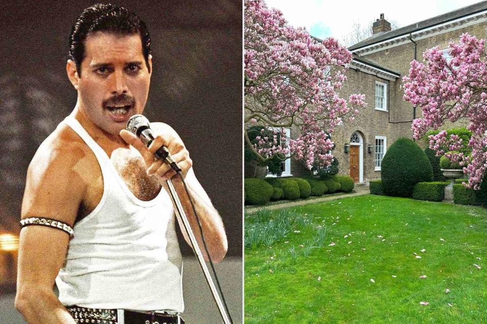 <p>Pete Still/Redferns, Knight Frank</p> Freddie Mercury (left) and his London estate (right) listed for $38 million. 