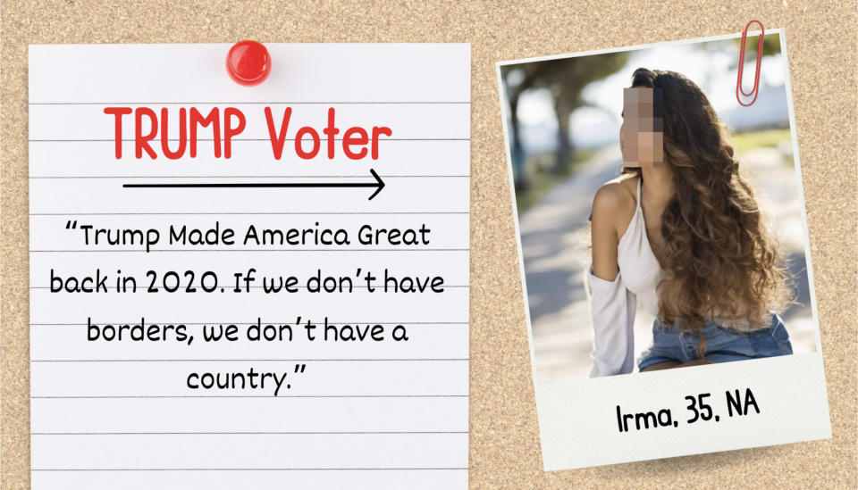 A polaroid photo of a woman labeled "Irma, 35, NA" is pinned next to a note that reads "TRUMP Voter - 'Trump Made America Great back in 2020. If we don’t have borders, we don’t have a country.'"