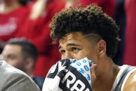 Arizona guard Josh Green watches during the second half of the team's NCAA college basketball game against Oregon on Saturday, Feb. 22, 2020, in Tucson, Ariz. Oregon won 73-72 in overtime. (AP Photo/Rick Scuteri)