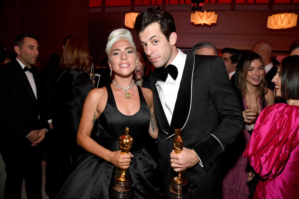 Ronson and Lady Gaga pose with the Academy Award for Best Original Song on Feb. 24, 2019, in Beverly Hills, California. (Photo: Kevin Mazur/VF19 via Getty Images)