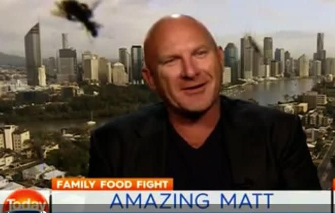 The insects seemed to be swarming around the celeb chef's head on live TV. Source: Channel Nine