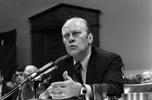 President Gerald Ford testifies Oct. 18, 1974, on his pardon of former President Richard Nixon: "I assure you that there never was at any time any agreement whatsoever concerning a pardon to Mr. Nixon if he were to resign and I were to become president."