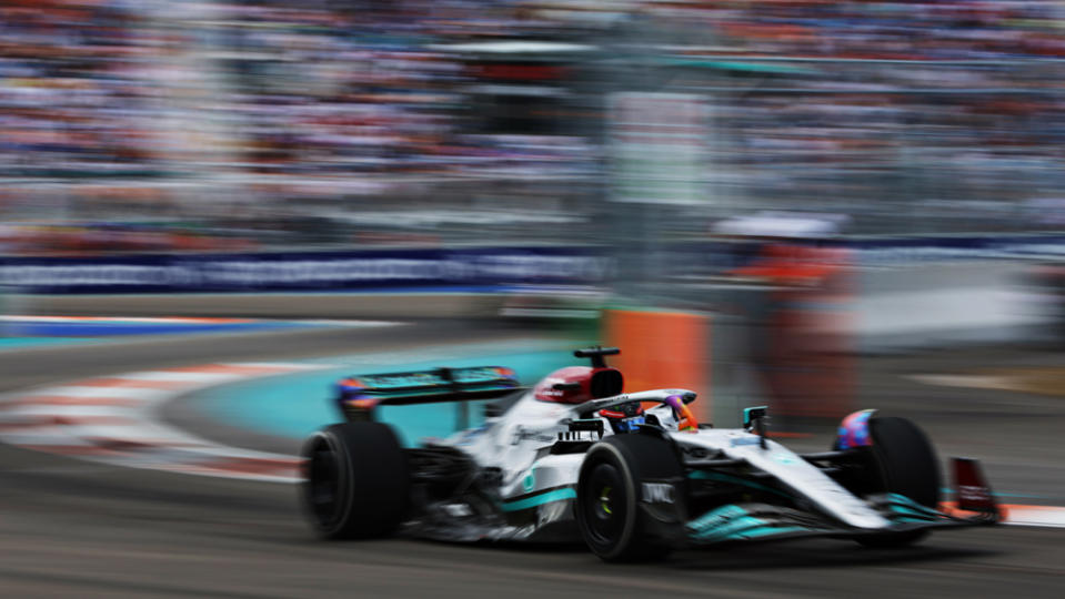 George Russell competing in the Miami Grand Prix, a new race introduced for the 2022 season.