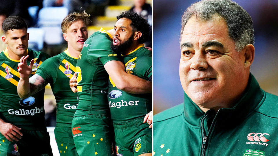 Mal Meninga and the Kangaroos team, pictured here at the Rugby League World Cup.