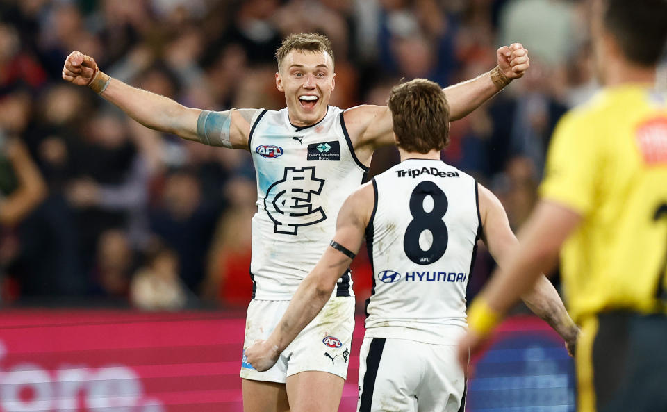 Patrick Cripps, pictured here with blood on his guernsey after Carlton's win over Melbourne.