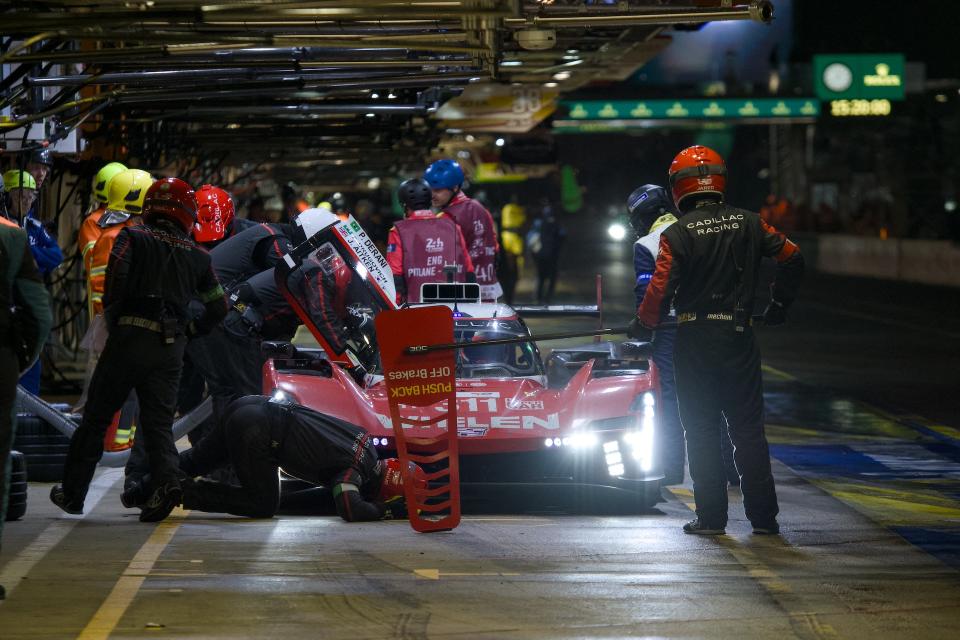 Cadillac V-Series.R of team Whelen Cadillac Racing refuels during the Le Mans 24-hours endurance race at the Le Mans racetrack, in Le Mans, western France, on June 16, 2024. (Photo by GUILLAUME SOUVANT / AFP)