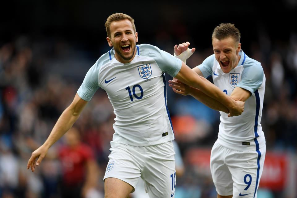 Harry Kane celebrates one of his many goals for England. The Three Lions meet Colombia in the 2018 World Cup Round of 16 on Tuesday. (Getty)