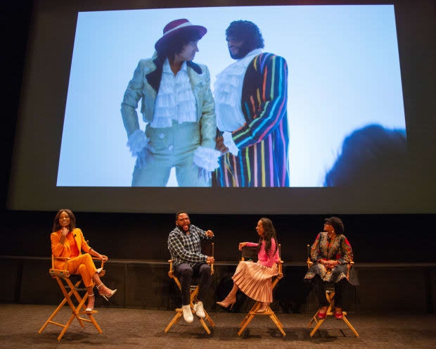 In 2019, ABC & ABC Studios hosted a screening of the 'Purple Rain' episode and panel of 'black-ish' Emmy nominees, Anthony Anderson (second from left) and costume designer Michelle Cole (second from left) and her costume supervisor Devon Patterson, moderated by Zuri Hall (far left). <br>