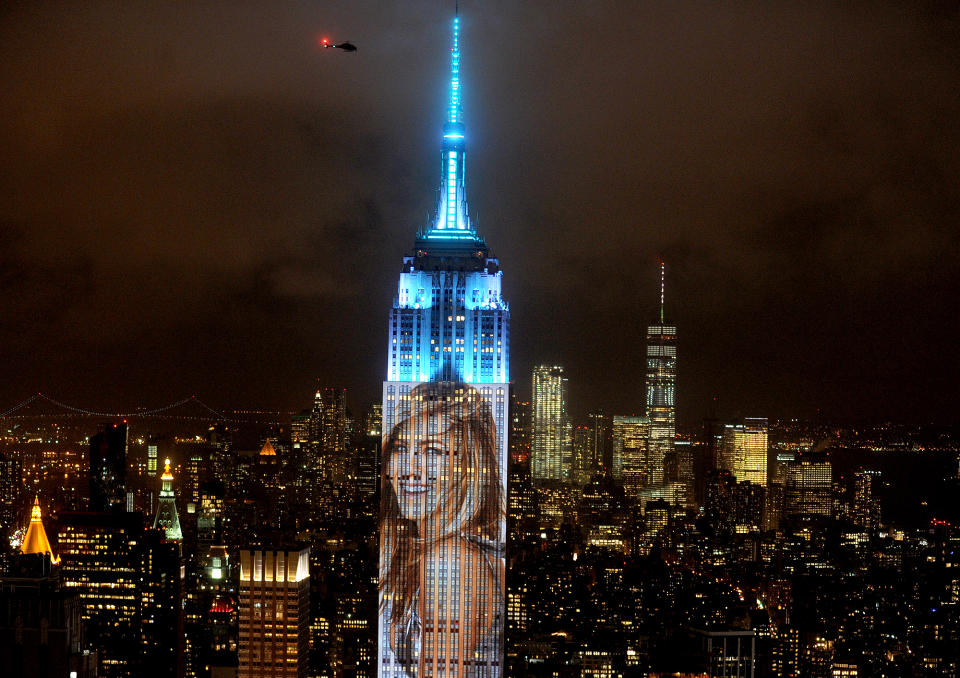 <p>A photo of Jennifer Aniston is projected on N.Y.C.'s Empire State Building to celebrate <em>Harper's Bazaar</em>'s 150th anniversary on April 19.</p>