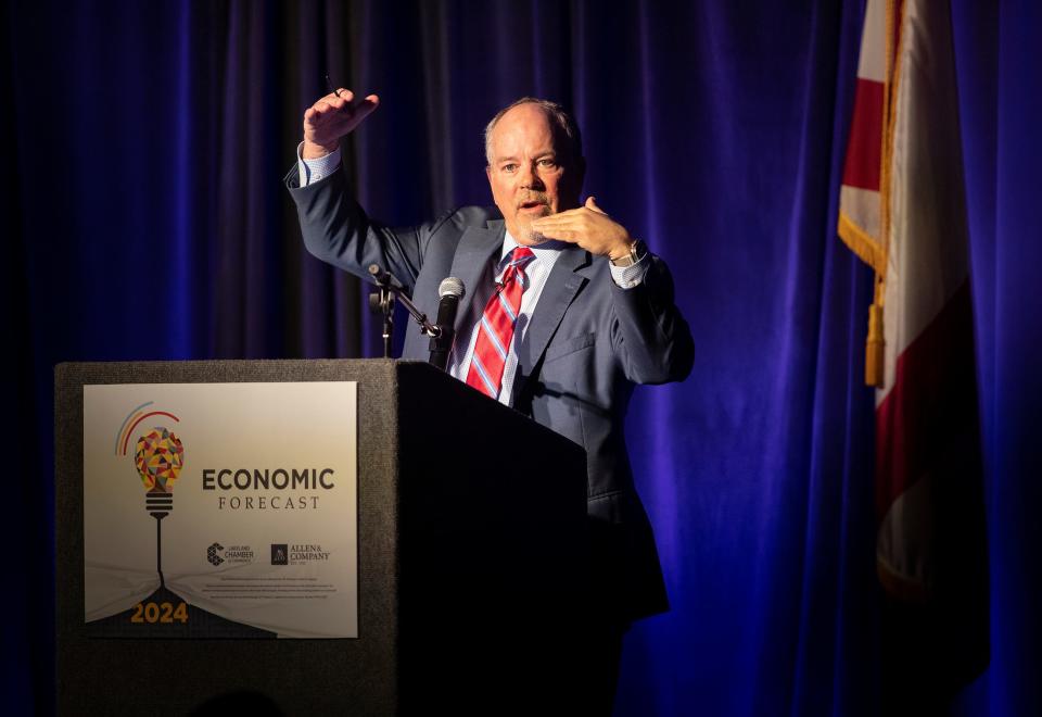 Brian Wesbury , Chief Economist for First Trust Advisors gives his National Forecast during the 2024 Economic Forecast breakfast held at the RP Funding Center in Lakeland Fl. Thursday January 18,2024.
Ernst Peters/The Ledger