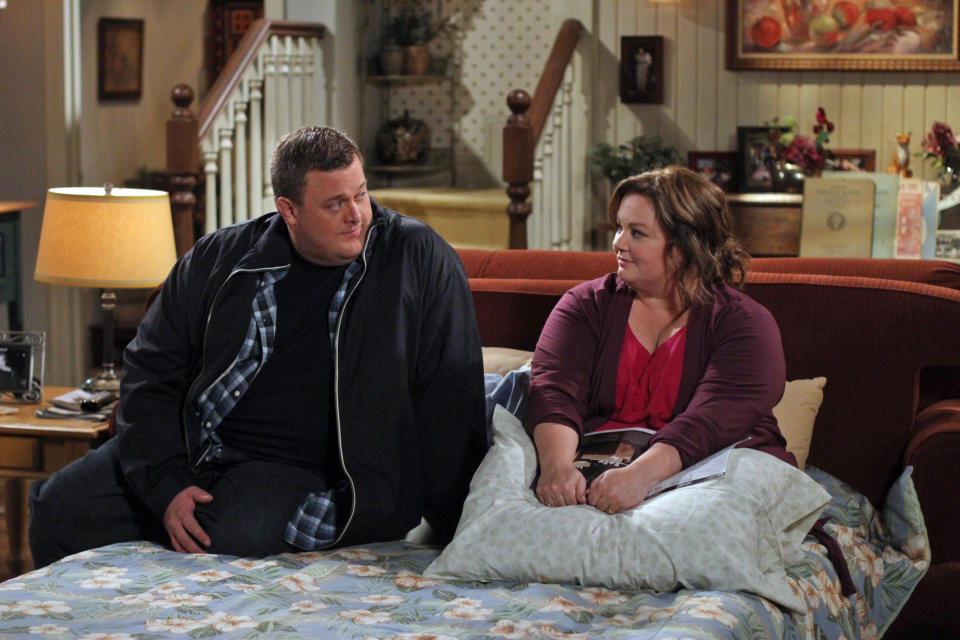 In this image released by CBS, Billy Gardell, left, and Melissa McCarthy are shown in a scene from the sitcom "Mike & Molly," airing Mondays at 9:30 p.m. EST on CBS. (AP Photo/CBS, Michael Ansell)