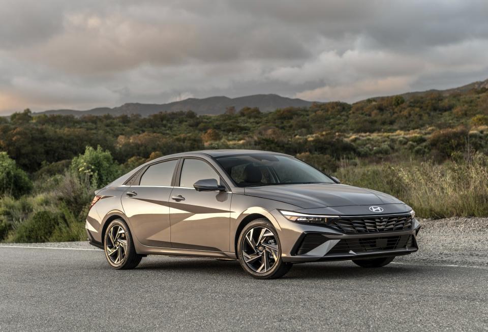 This photo provided by Hyundai shows the 2024 Elantra. The hybrid version of the Elantra gets an EPA fuel economy estimate of up to 54 mpg combined. (Courtesy of Hyundai Motor America via AP)