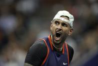 Nick Kyrgios, of Australia, celebrates during his match against Daniil Medvedev, of Russia, during the fourth round of the U.S. Open tennis championships, Sunday, Sept. 4, 2022, in New York. (AP Photo/Adam Hunger)