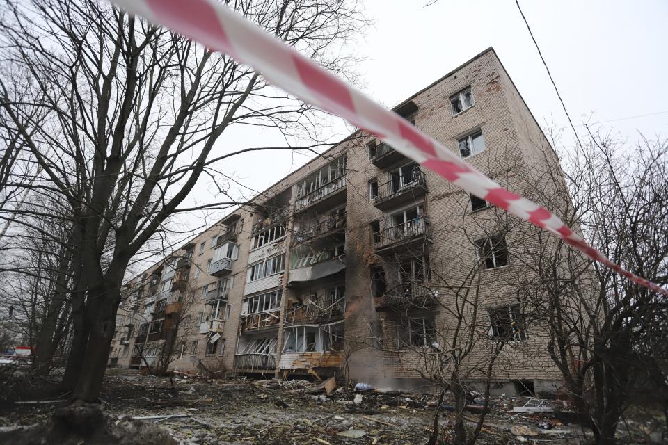 A view of a damaged apartment's building after a reported drone attack in St. Petersburg, Russia, Saturday, March 2, 2024. Russian authorities said Saturday morning that an "emergency" damaged an apartment building in St. Petersburg. State news agency Tass said that the damage was caused by an "explosion," while local news and social media said that a drone had hit the building. There were no casualties, St. Petersburg Gov. Alexander Beglov wrote on Telegram. (AP Photo)