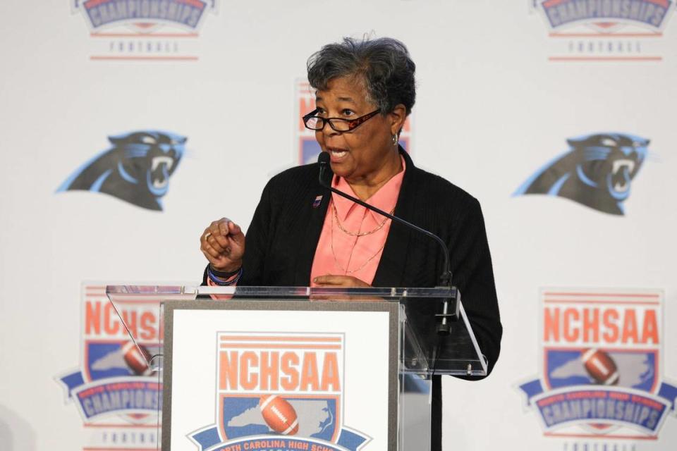 NCHSAA commissioner Que Tucker speaks during a press conference for the state championship media day at Bank of America Stadium on Monday, December 4, 2023.