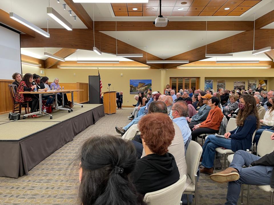 A town hall organized by Jewish Voices for Peace-Detroit was held April 30, 2023, at Bloomfield Township Public Library to discuss the debate over attorney Huwaida Arraf's talks at Bloomfield Hills High School in March. About 150 people attended, organizers said.