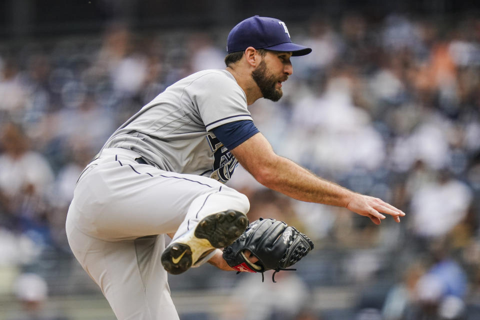 Tampa Bay Rays' Michael Wacha pitches during the first inning of a baseball game against the New York Yankees Sunday, Oct. 3, 2021, in New York. (AP Photo/Frank Franklin II)